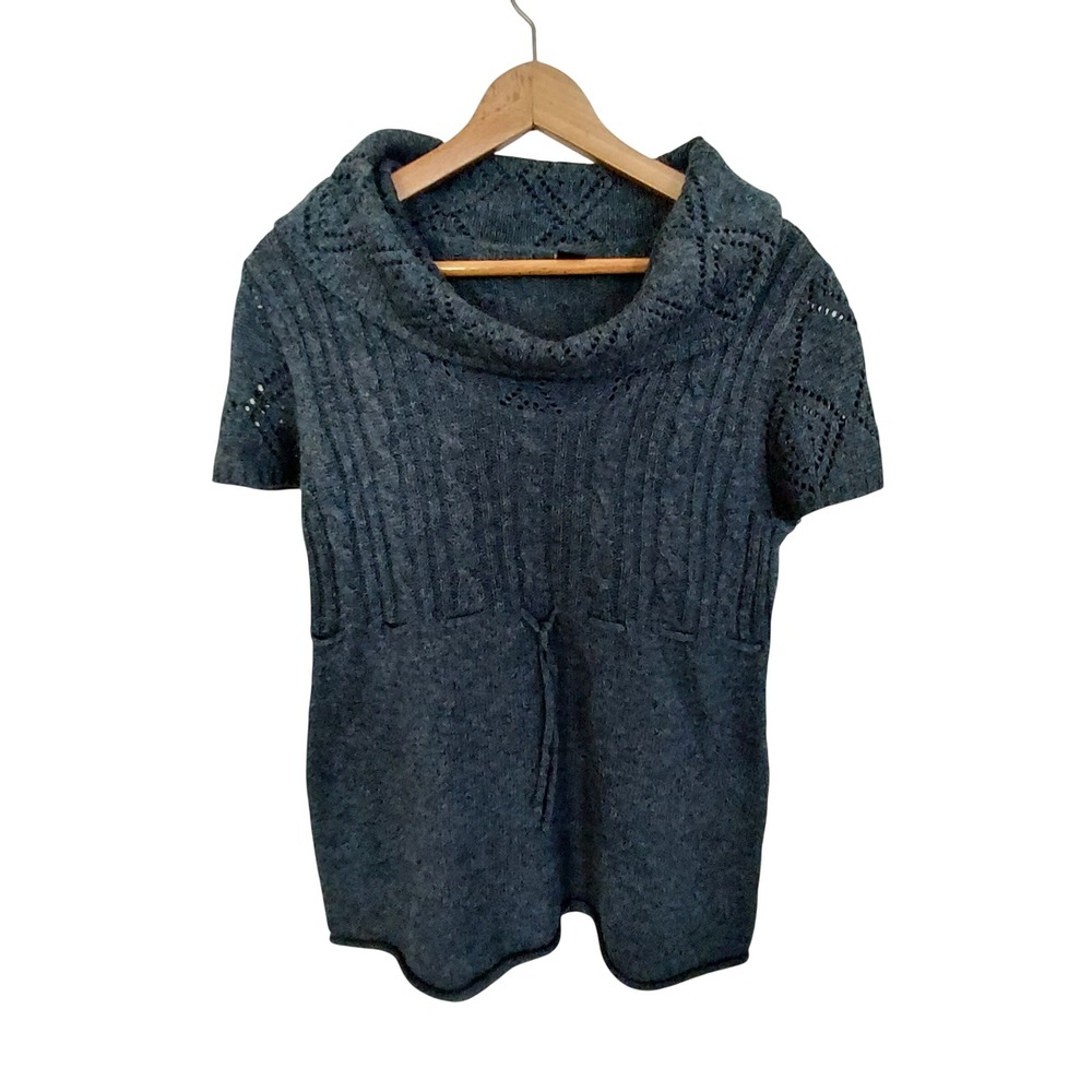 Gray Cable Knit Pointelle Short Sleeve Cowl Neck Tunic Sweater Whimsigoth XL